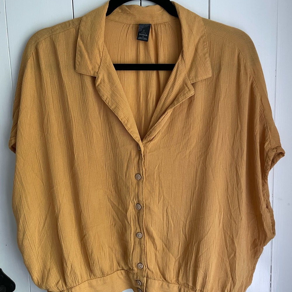 Prana Yellow Boxy Button Down Shirt with Notched Collar